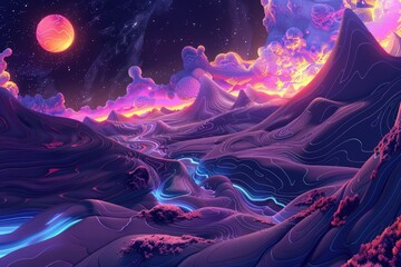 A surreal landscape of glowing shapes and patterns, AI generated
