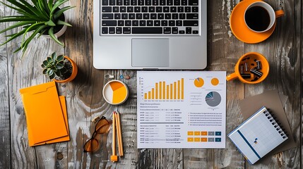 Top view of financial analysis document with laptop pile of papers coffee cup and calculator on work desk for business strategy marketing report and productivity planning concept.