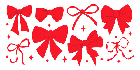 Set of various red bow knots, gift ribbons. Trendy hair braiding accessory. Christmas box decor. Hand drawn vector illustration.