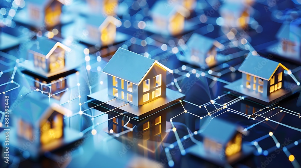 Poster smart home technology with illustration of wire line dots digital circuit network for modern futuris