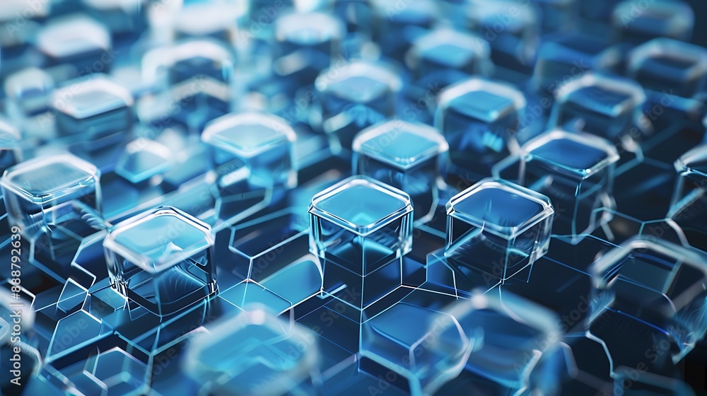 Poster abstract transparent 3d blue glass cube for concept of creating geometric abstract innovation techno