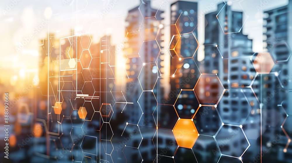 Poster abstract digital hexagon pattern with modern skyscrapers background for futuristic virtual technolog