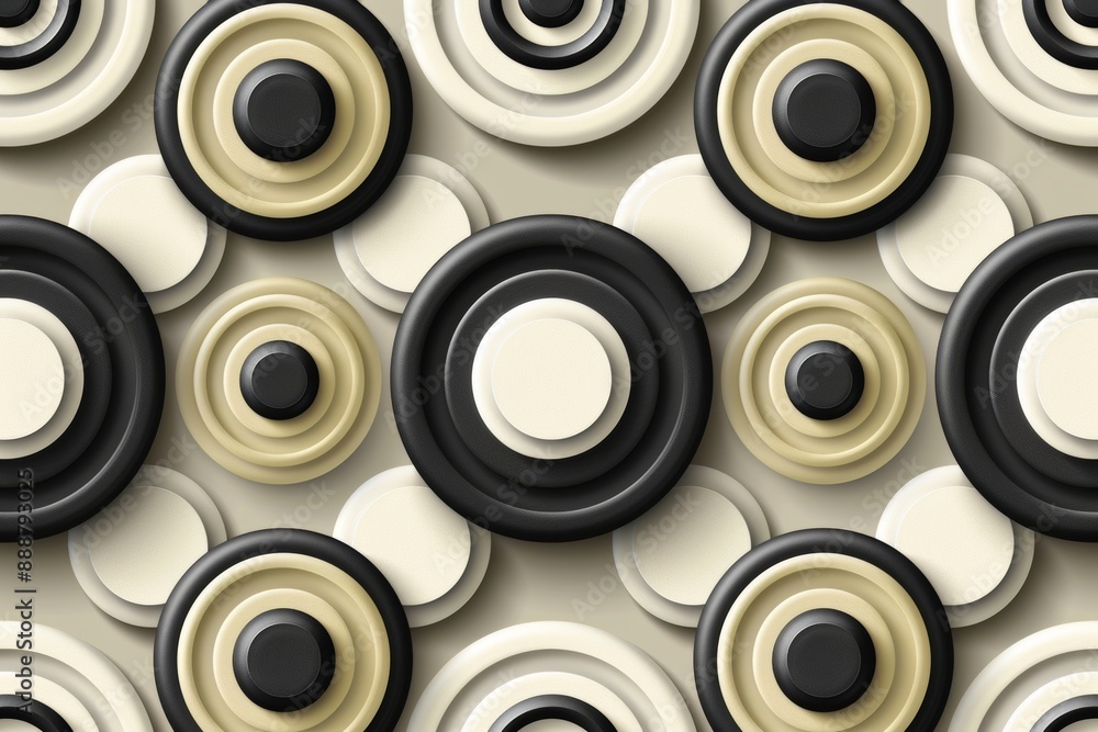 Poster retro inspired circular patterns in shades of beige and black creating a visually engaging and nosta