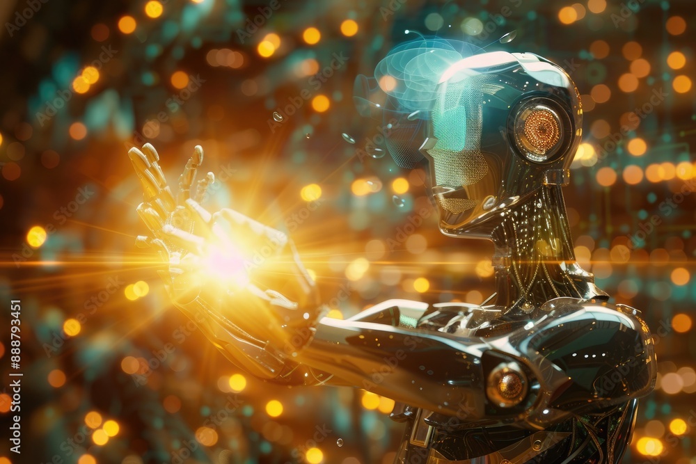 Poster robot with a holographic projection emanating from its core, casting a mesmerizing glow, ai generate