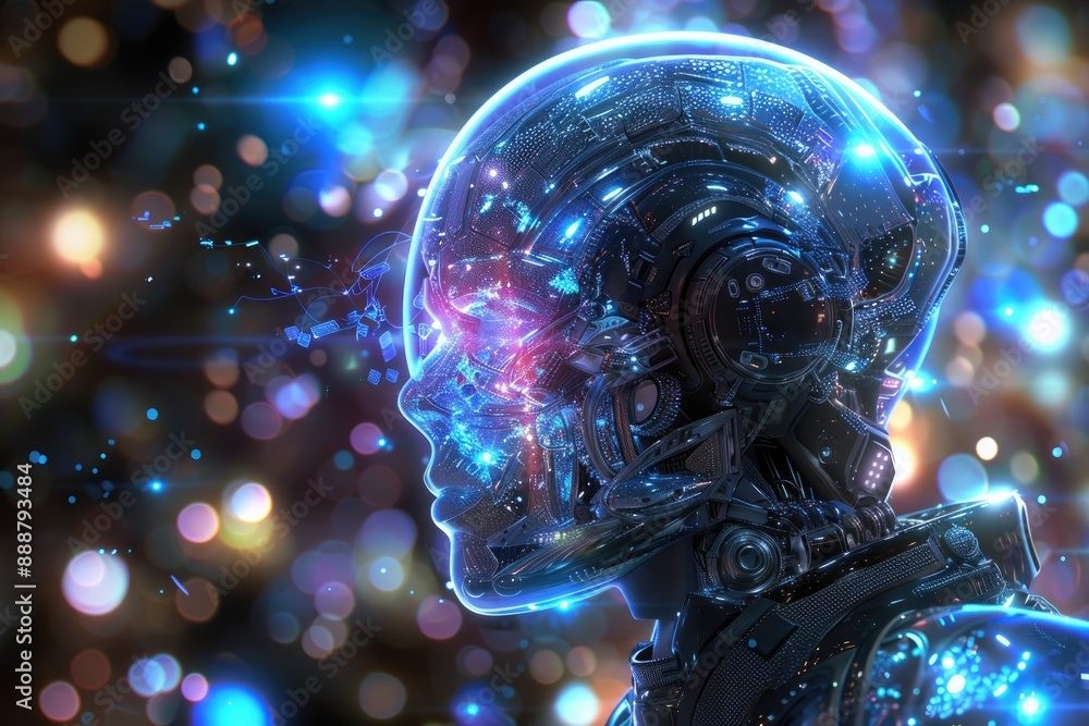 Poster robot with a holographic projection emanating from its core, casting a mesmerizing glow, ai generate
