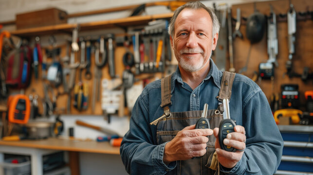 Locksmith in a workshop holding car keys with tools and equipment in the background. Automotive repairs, vehicle maintenance, car key duplication, locksmith services, DIY solutions.