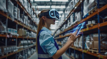 Woman Wearing VR Virtual Reality Headset with Modern Warehouse Background for Futuristic Metaverse Advanced Discovery Technology Concept. AI generated
