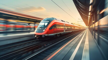 Fototapeta premium High Speed ​​Red Electric Commuter Train with Train Departure Station Background for Modern Futuristic High Speed ​​Electric Train Transportation Technology Concept. AI generated