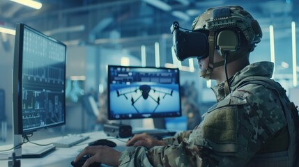 Soldier using VR headset with dual monitors for drone operation in high-tech control room. Military technology, virtual reality training, drone piloting, defense strategy, advanced warfare systems.