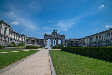 Cinquantenaire Park and the Great Triumphal Arch of 1905 in the park, consisting of three openings and topped with a bronze sculpture