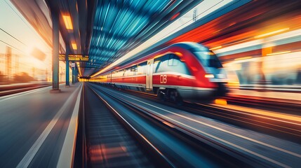 High Speed ​​Red Electric Commuter Train with Railway Station Background for Industrial Tourism Transportation Concept or Futuristic Modern Fast Electric Train Technology. AI generated