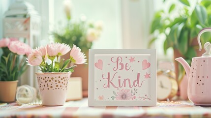 Inspirational "Be Kind" framed quote surrounded by flowers and home decor on a sunlit table. Positive affirmation, home decor, inspirational quotes, interior design, motivational concept.