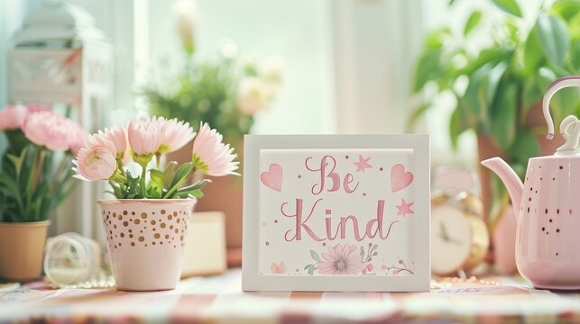 Inspirational "Be Kind" framed quote surrounded by flowers and home decor on a sunlit table. Positive affirmation, home decor, inspirational quotes, interior design, motivational concept.