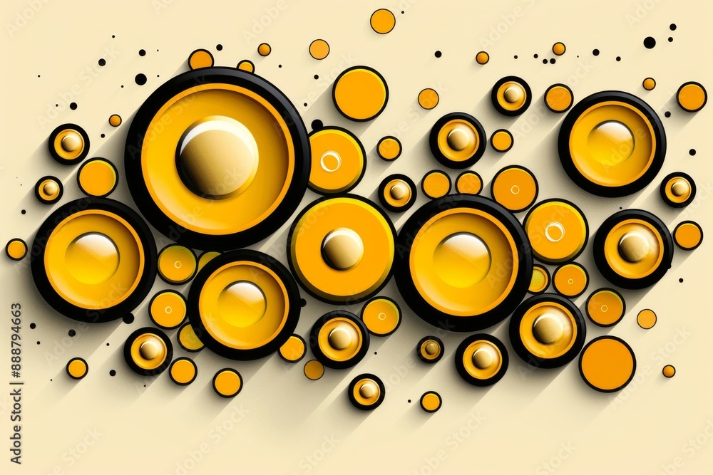 Poster retro inspired circular patterns in shades of black and yellow creating a visually engaging and nost