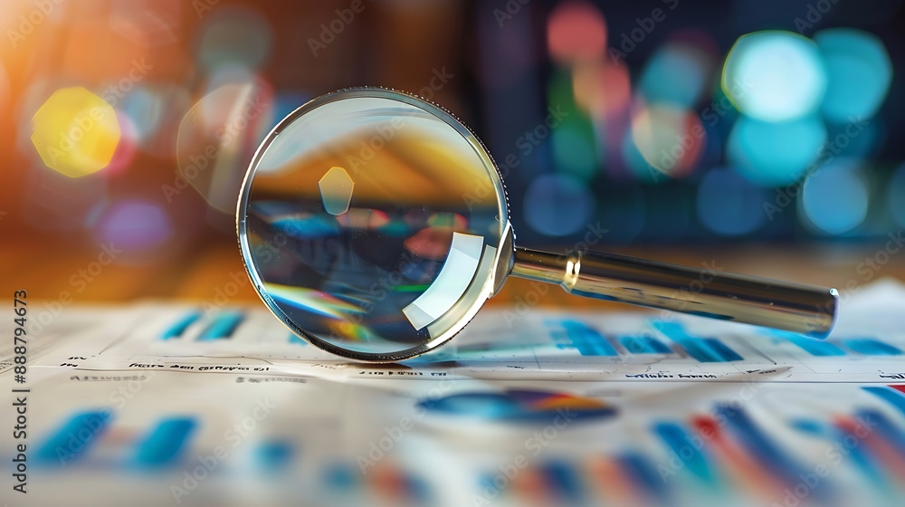 Poster magnifying glass with financial analysis data presentation diagram document sunlight background for 