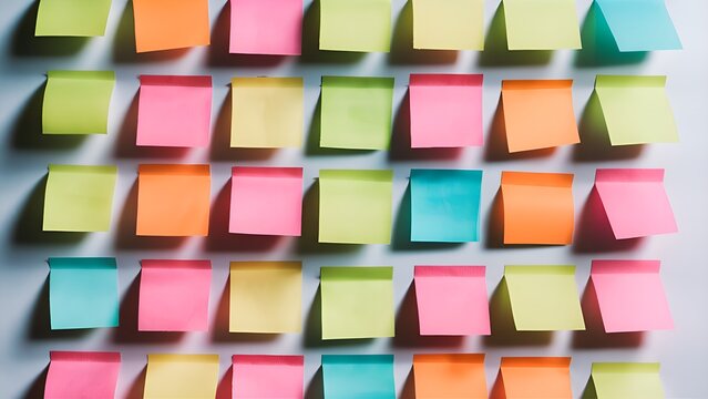 A variety of sticky notes arranged in a grid pattern on a white background