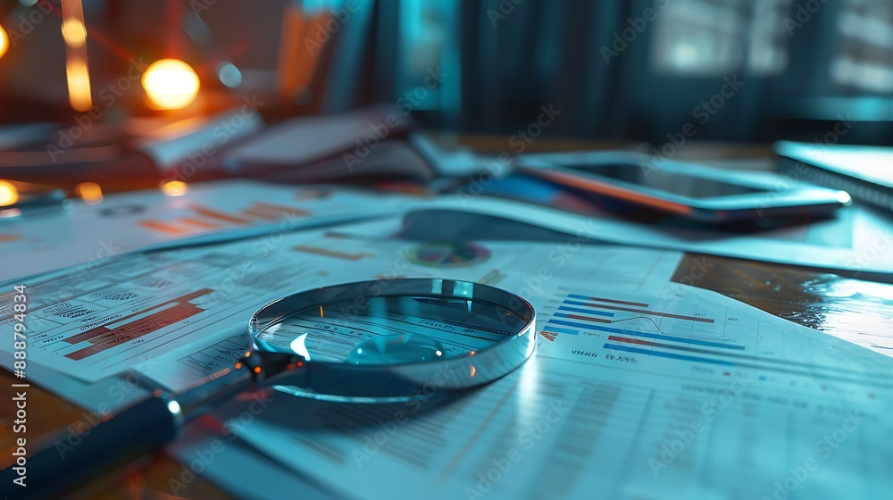 Aufkleber magnifying glass with financial analysis data presentation diagram document for business financial r