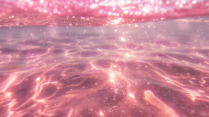 Abstract background. Beach water is pink. Light pink and orange pastel aesthetic water texture with sunlight reflection. Pink clear water. Pink water bubbles on the surface ripples. Pink liquid water
