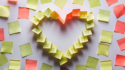 Sticky notes arranged to form a heart shape on a white background