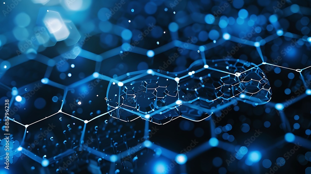Poster abstract modern blue hexagons with dots digital circuit wire lines for futuristic background network
