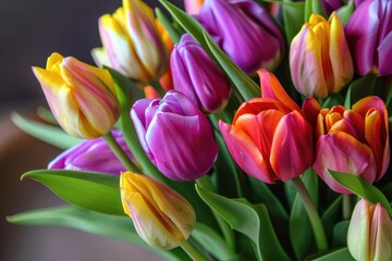 Colorful tulips in a vase on a table, Bouquet of vibrant tulips, Ai generated