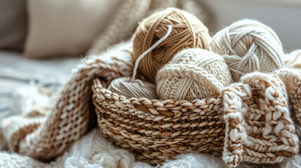 theme of women's crafting hobbies involving multicolored skeins, needles, and hooks