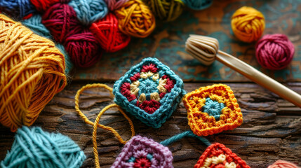 Fototapeta premium visually represent a crochet handmade granny square pattern and crocheting supplies, including assorted colored wool yarn, a crochet hook, and knitting materials,