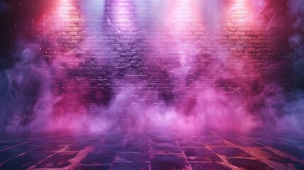 Naklejka premium Dark Scene with Neon Spotlights: Brick Wall Background Display