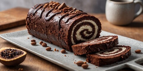 A beautifully presented chocolate log cake roll with several slices cut, displayed on a clean, minimalist background.