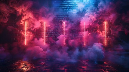Fototapeta premium Dark Scene with Neon Spotlights: Brick Wall Background Display