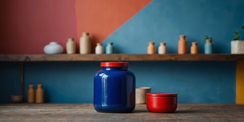A blue jar with a red lid sits on a table in front of a colorful wall.