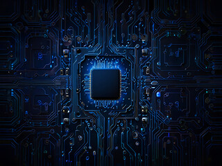 High tech desktop wallpaper featuring a close-up view of a glowing AI microchip