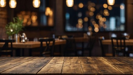 Empty rustic wooden table top with black and gold bokeh light in restaurant space for product display mockup. AI generated.