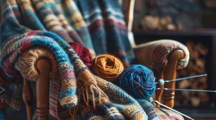 Obraz premium theme of women's crafting hobbies involving multicolored skeins, needles, and hooks