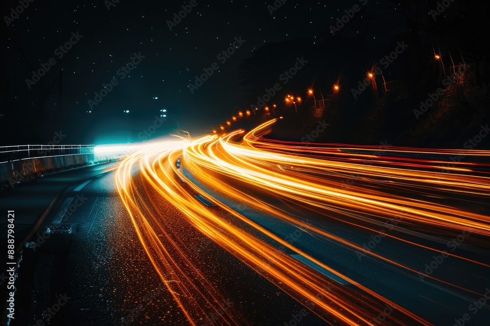 Poster nighttime road with light trails from passing vehicles, creating a mesmerizing visual effect, abstra