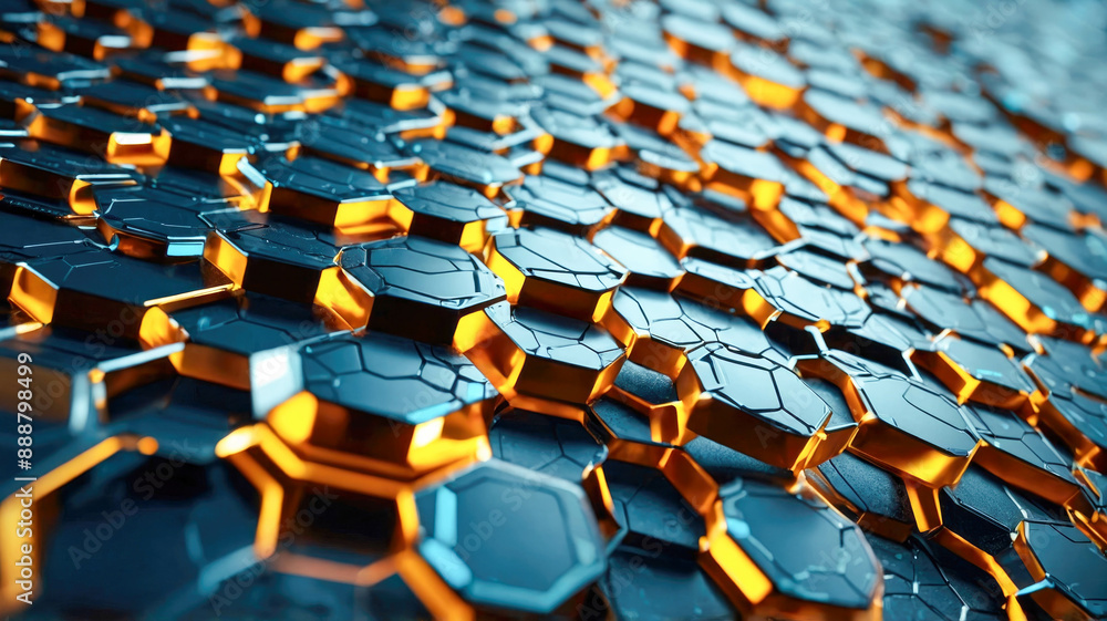 Poster a close-up of a hexagonal network structure with glowing orange edges and blue-tinted glass-like cel