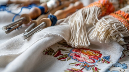 Fototapeta premium theme of women's crafting hobbies involving multicolored skeins, needles, and hooks