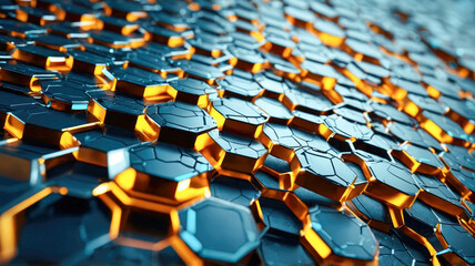 Fototapeta premium A close-up of a hexagonal network structure with glowing orange edges and blue-tinted glass-like cells
