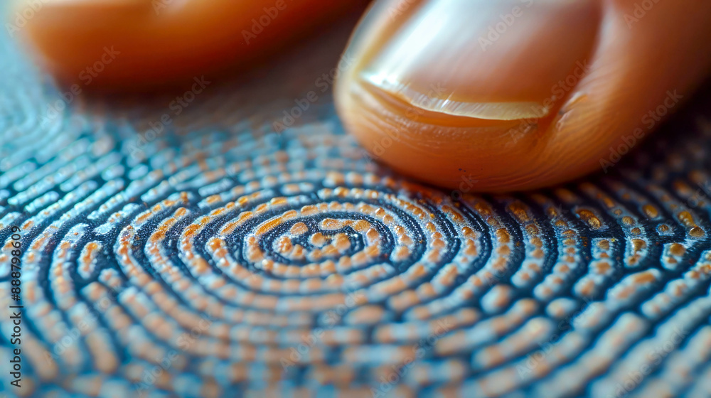 Aufkleber a close-up of a fingerprint on a fingertip, illuminated with a glowing effect