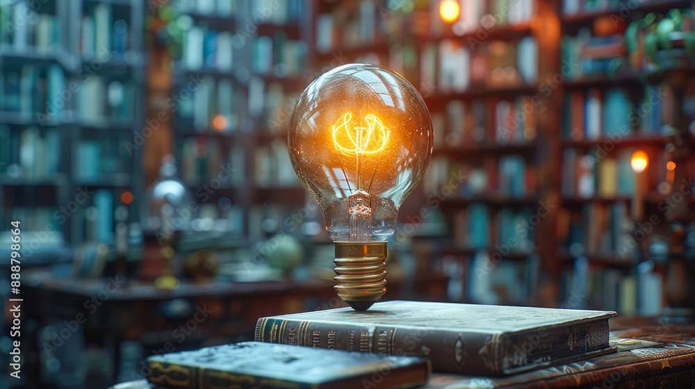 Poster a glowing light bulb placed on top of a stack of old books in a library setting