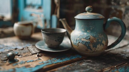 Fototapeta premium Close up of an old cup and rustic teapot during the tea time