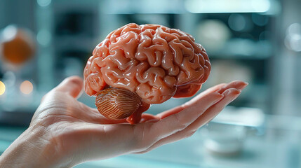A realistic hand holding a detailed model of a human brain, set against a blue background
