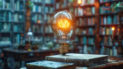 A glowing light bulb placed on top of a stack of old books in a library setting