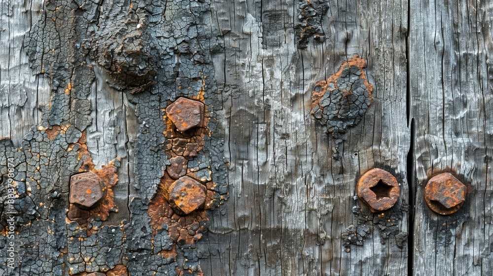 Poster weathered wooden surface with rusty nails close up shot aged tree wall fragment in abstract view