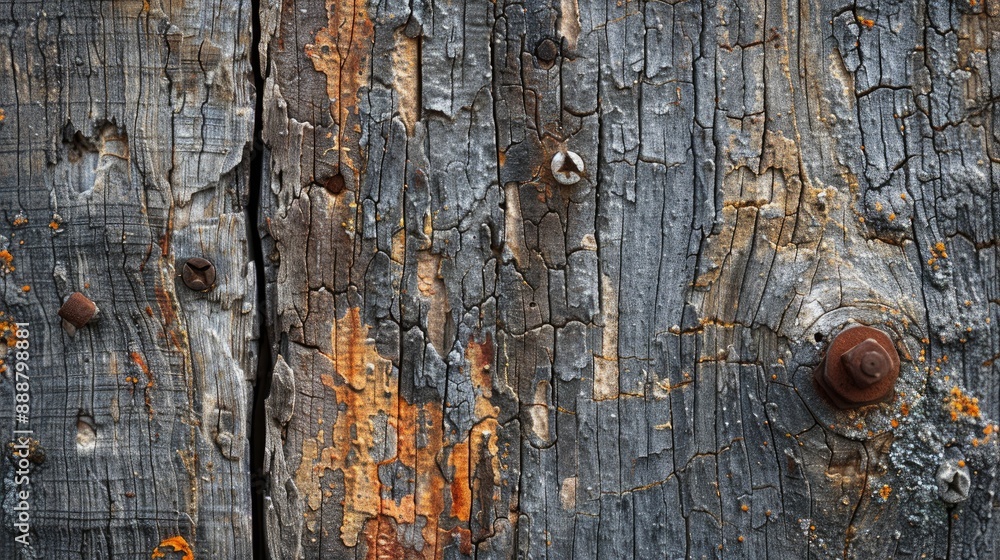 Poster weathered wooden surface with rusty nails close up shot aged tree wall fragment in abstract view
