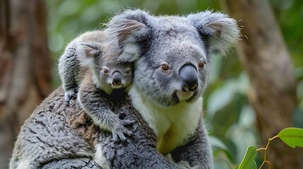 Obraz premium Closeup of a baby koala bear perched on its mother back