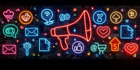 Creative social media ad hologram with loud speaker and text on dark background. SMM and marketing concept. 3D Rendering.