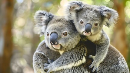 Fototapeta premium Closeup of a baby koala bear perched on its mother back