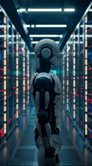 Obraz premium Abstract AI Robot Standing in Front of Data Center Racks. Futuristic Technology, Internet Information Network, Server Database Storage. AI-Generated, 4K High-Definition Wallpaper