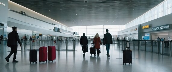 A group of travelers with rolling luggage walking through a bright, spacious airport terminal  Ideal for travel, vacation, or business journey concepts